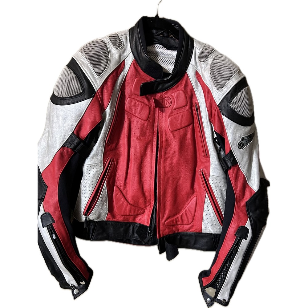 Firstgear FG-262 Leather Motorcycle Jacket Mens 46 Red Silver Blk Armored Racing